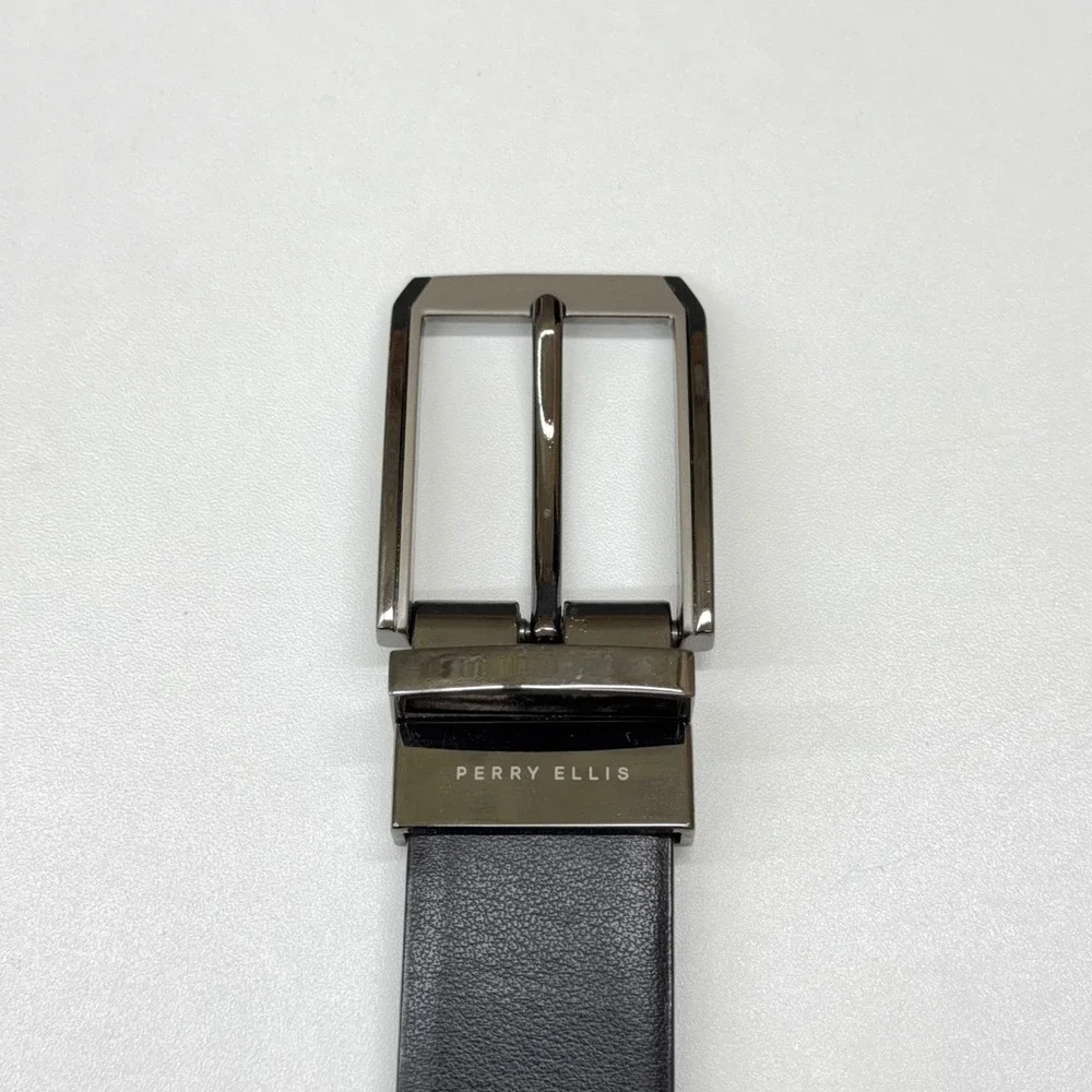 Perry Ellis Mens‎ Genuine Leather Belt Size 34/85 Black Brown GunMetal Buckle